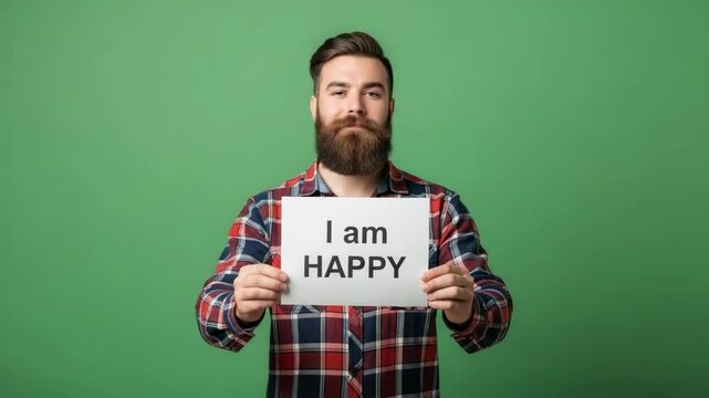 Man Holding Sign Declaring Happiness with Green Background