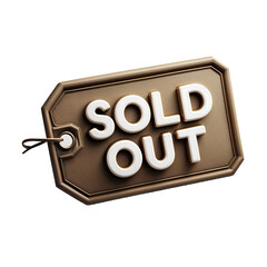 Luxurious gold “SOLD OUT” tag with beveled edges and 3D white letters, hanging by string, isolated on transparent background
