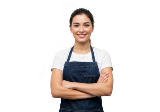 A smiling woman with arms crossed wearing an apron isolated on transparent background