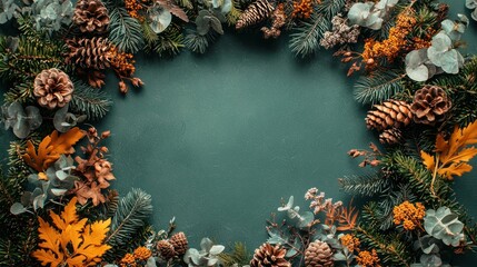 Autumnal wreath arrangement on a teal background.