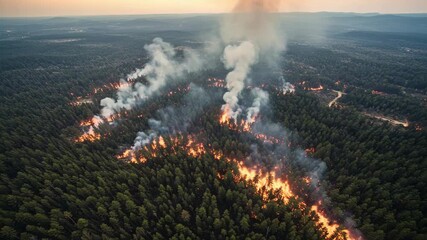 Wildfire spreads across forested area at sunset in aerial view