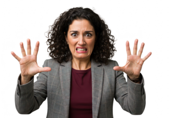 A scared woman is holding her hands up in fear isolated on transparent background
