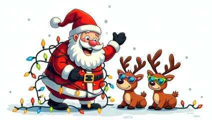 Funny Christmas Scene with Santa Claus Tangled in Holiday Lights and Reindeer Wearing Sunglasses – Snow Falling, Bright Colors, Cartoon Illustration Style on White Background