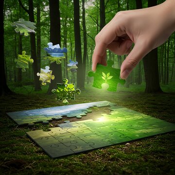 Connecting the green forest with a puzzle piece representing conservation