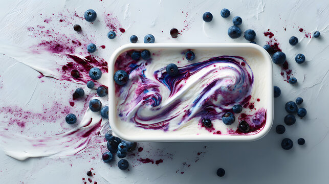 A close-up shot of blueberry swirled yogurt in a white rectangular container