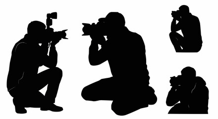 Photographer Taking Picture Silhouette Set – Camera and Shooting Poses in Vector Style on White Background