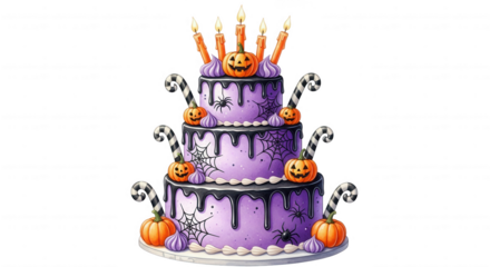 Whimsical three tier halloween cake with pumpkins spiders candy canes and candles isolated on transparent background