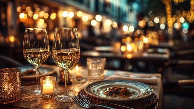 Intimate romantic dinner for two with candlelit wine glasses, capturing a moment of love