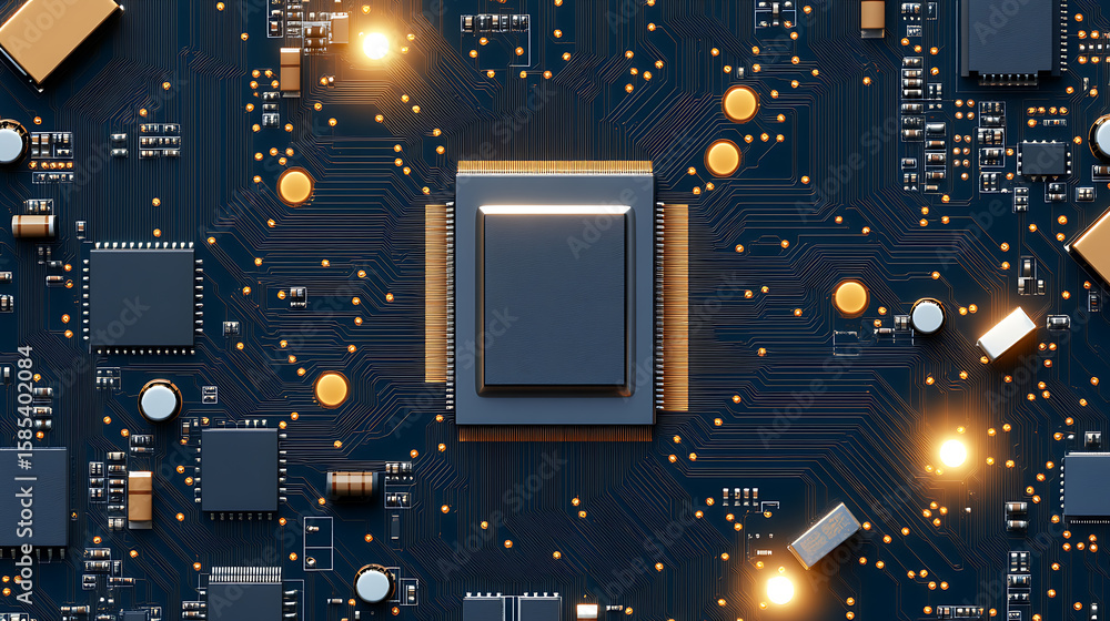 Poster circuit board close-up: a detailed view of an electronic circuit board with a central processor, sho