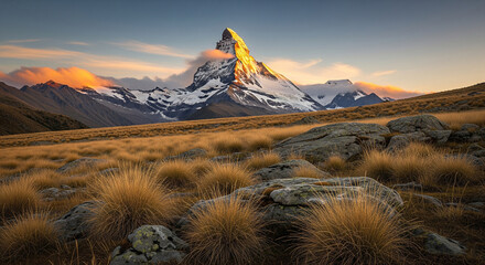 Illustration of the majestic matterhorn peak glows with golden hour light, set against dramatic sky with clouds, overlooking grassy, rocky alpine landscape