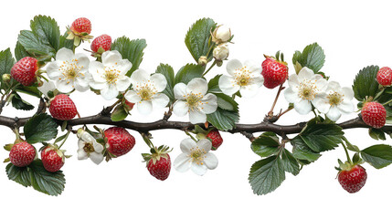 Horizontal large branch of a strawberry plant with white flowers isolated on a cut out PNG transparent background