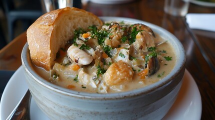 A bowl of clam chowder with bread bowl 