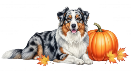 Happy australian shepherd dog posing with a pumpkin and autumn leaves isolated on transparent background