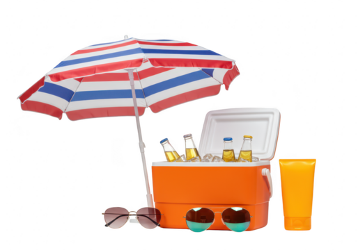 Beach accessories including a cooler, umbrella, and sunscreen are ready for a summer vacation, isolated on transparent background