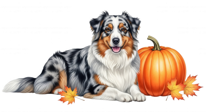 Happy australian shepherd dog posing with a pumpkin and autumn leaves isolated on transparent background