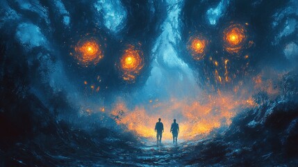 Two figures stand before a colossal, glowing entity in a dark, ethereal landscape.