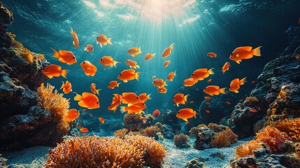Obraz premium Vibrant coral reef teeming with orange fish.