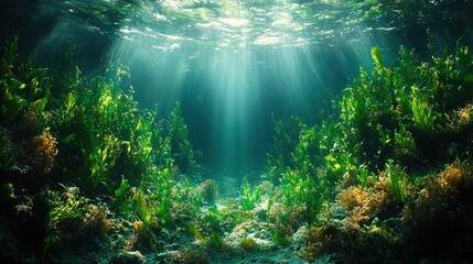 Obraz premium Underwater scene of vibrant seaweed and sunlight.