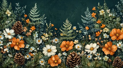 Fototapeta premium A vibrant floral arrangement of various flowers, foliage, and pinecones.