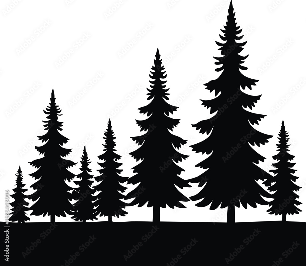 Poster pine tree silhouette set with sharp edges on transparent background