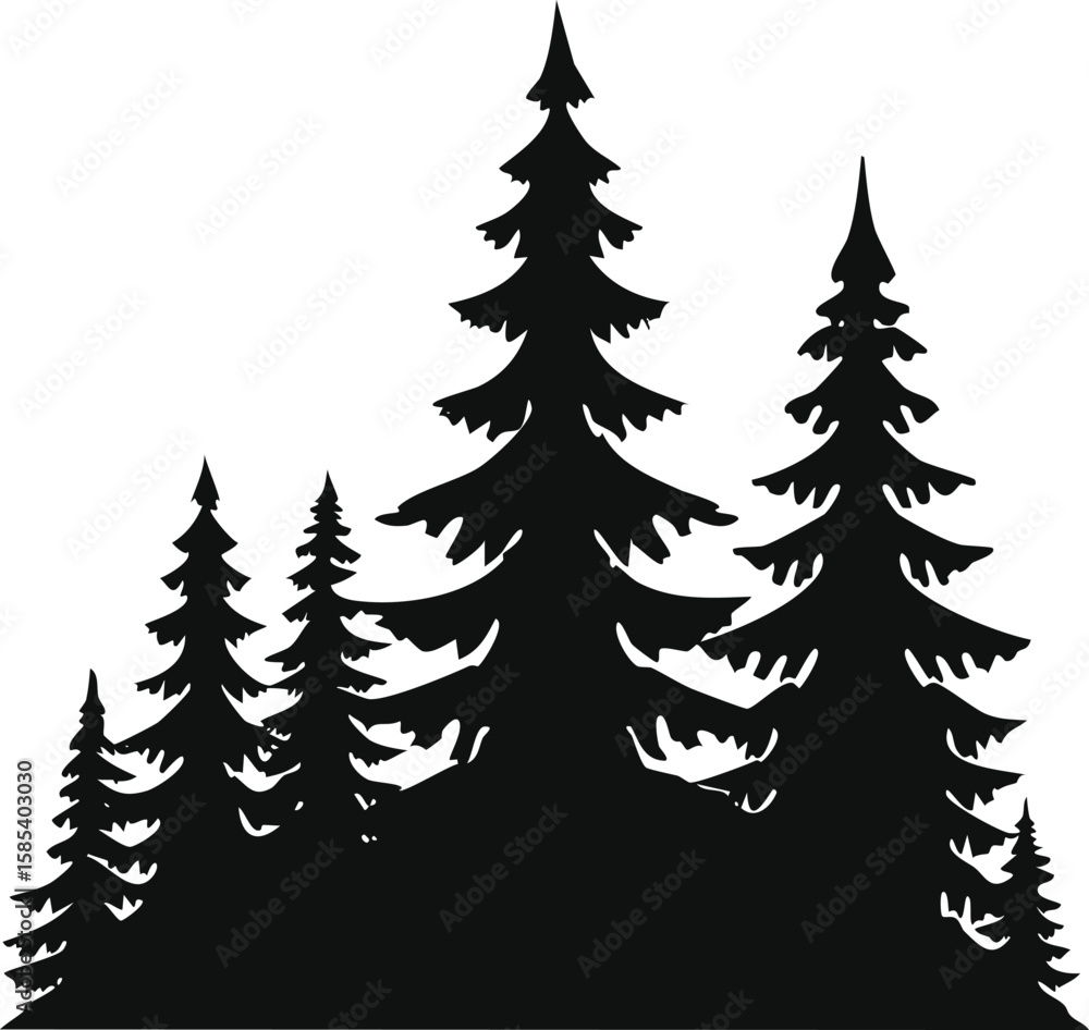 Poster pine tree silhouette set with sharp edges on transparent background