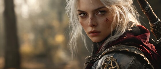 Woman warrior portrait in a fantasy forest