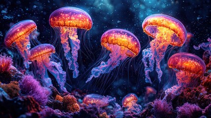 Illuminated jellyfish in a vibrant underwater scene.