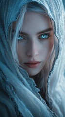 Close up of a young woman with a light blue hooded shawl