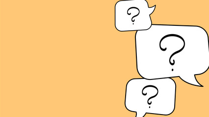 Three white speech bubbles with black handwritten question marks on an orange background, arranged vertically on the right side.