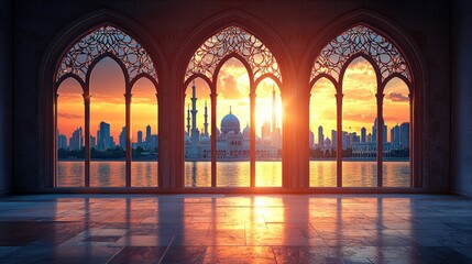 Sunset view of a city through arched windows.