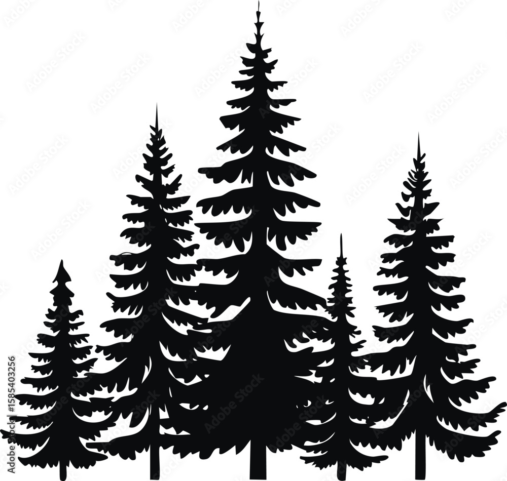 Poster pine tree silhouette set with sharp edges on transparent background