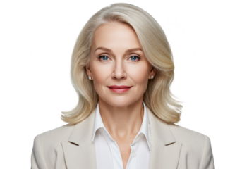A beautiful mature blonde businesswoman smiles slightly in a professional portrait isolated on transparent background