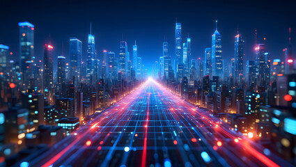 Fototapeta premium Christmas tree and streetlights illuminate the bustling city at night, a vibrant blur of traffic on urban roads