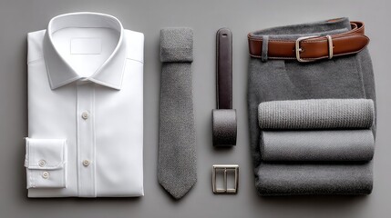 Classic men s formal wear ensemble featuring a white shirt and grey trousers