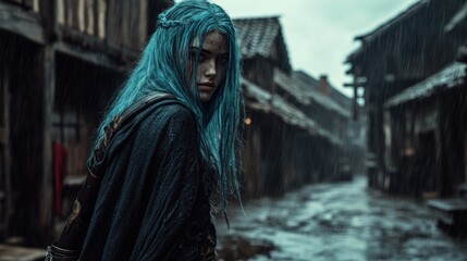 Young woman with vibrant teal hair in a rainy medieval alleyway