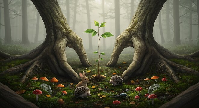 Enchanted woodland scene features sprouting plant and whimsical creatures