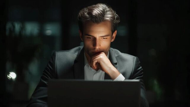 Man in suit sitting at desk with laptop, pondering and deep in thought.