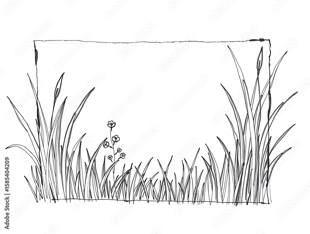 Fototapete hand-drawn meadow frame with grass and wild flowers providing space for custom text and message