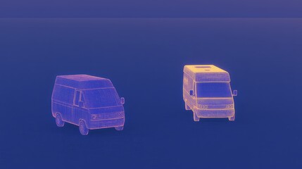 Futuristic wireframe vans on blue background highlighting technology and design