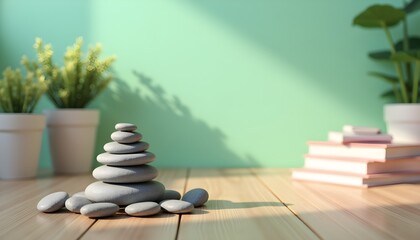 A stack of pebbles on a wooden table with potted plants and books in the background