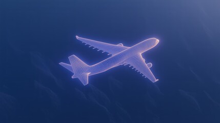 Futuristic digital wireframe airplane with neon glow against blue sky background