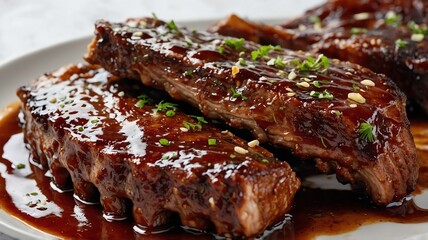 Delicious Grilled Ribs with Bbq Sauce and Sesame Seeds Close-up