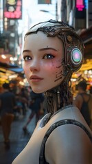 Futuristic robot woman in a city