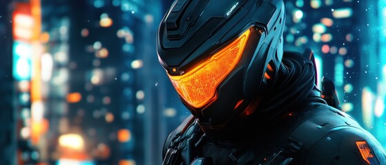 Futuristic helmet in glowing cityscape