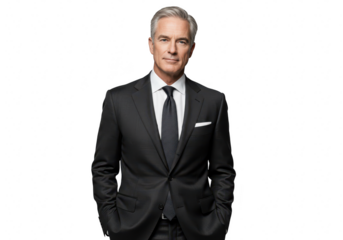 A confident businessman in a suit poses with hands in pockets, isolated on transparent background