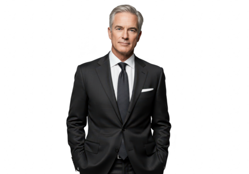 A confident businessman in a suit poses with hands in pockets, isolated on transparent background