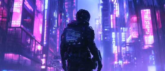 Cyberpunk person in neon lit city at night