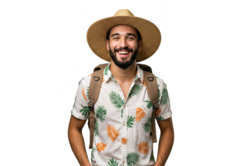 Happy man with a hat and backpack isolated on transparent background is ready for summer travel