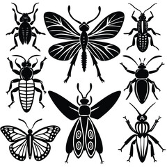 Vector Collection of Detailed Insect Outlines Isolated on White Background