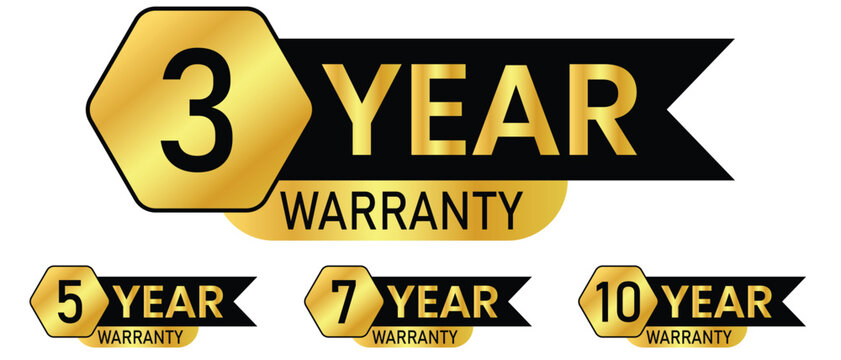 Warranty labels for 3, 5, 7 and 10 years, Year warranty Banner Label Sign Vector Design. black and gold warranty labels. 3, 5, 7 and 10 years warranty in hexagon  vector product quality sticker. 